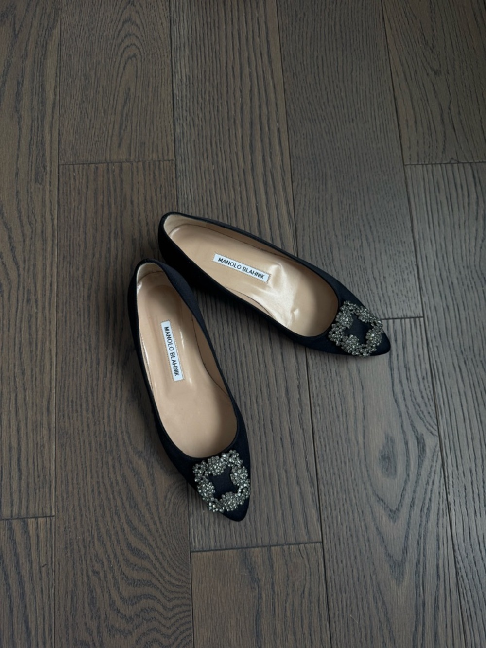 ❌SOLD❌Manolo Blahnik Black Satin Pointed Flats with Jeweled Buckles